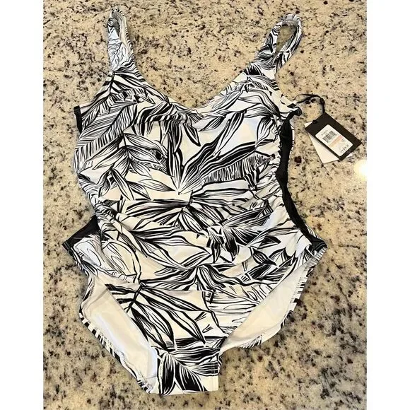DKNY Women's White Printed Lined Removable Cups Mesh Scoop Neck One Piece Swimsu - Picture 2 of 5